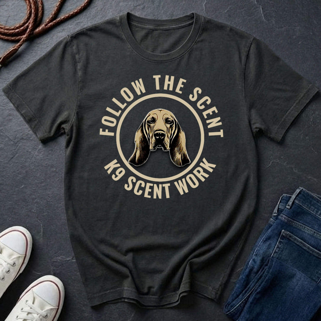 Bloodhound graphic and text 'Follow the Scent K9 Scent Work'