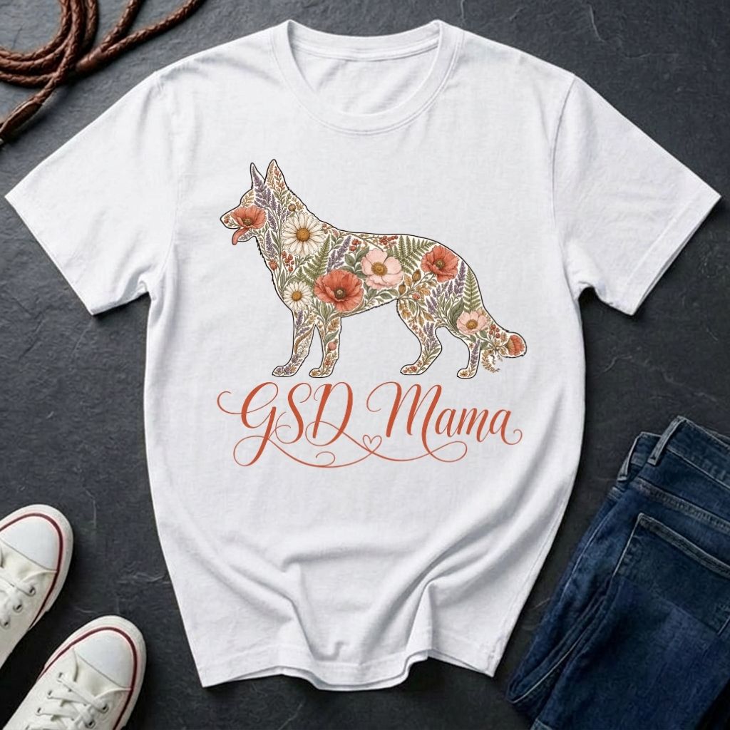 GSD Mama Floral T-Shirt | German Shepherd Mom Shirt | Boho Wildflower GSD Tee | Gift for German Shepherd Owner