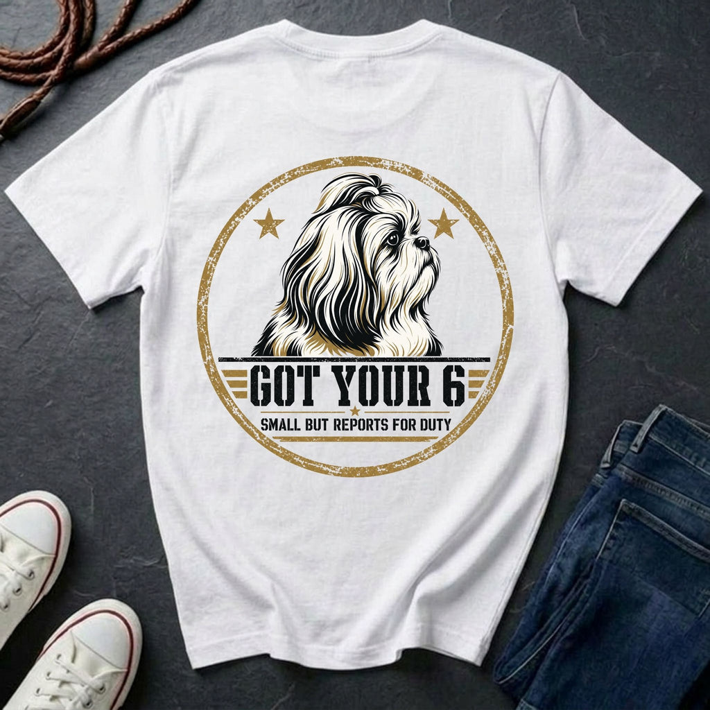 Shih Tzu Got Your 6 t-shirt design, gold distressed military badge with Small But Reports for Duty text