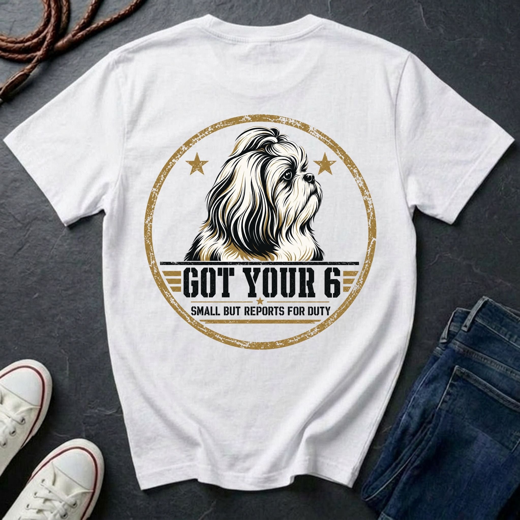 Shih Tzu Got Your 6 t-shirt design, gold distressed military badge with Small But Reports for Duty text