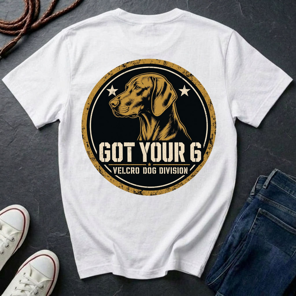 Vizsla Got Your 6 t-shirt design, gold distressed military badge with Velcro Dog Division text.
