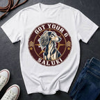 Saluki Got Your 6 t-shirt design featuring tactical badge with elegant sighthound bust on Comfort Colors tee