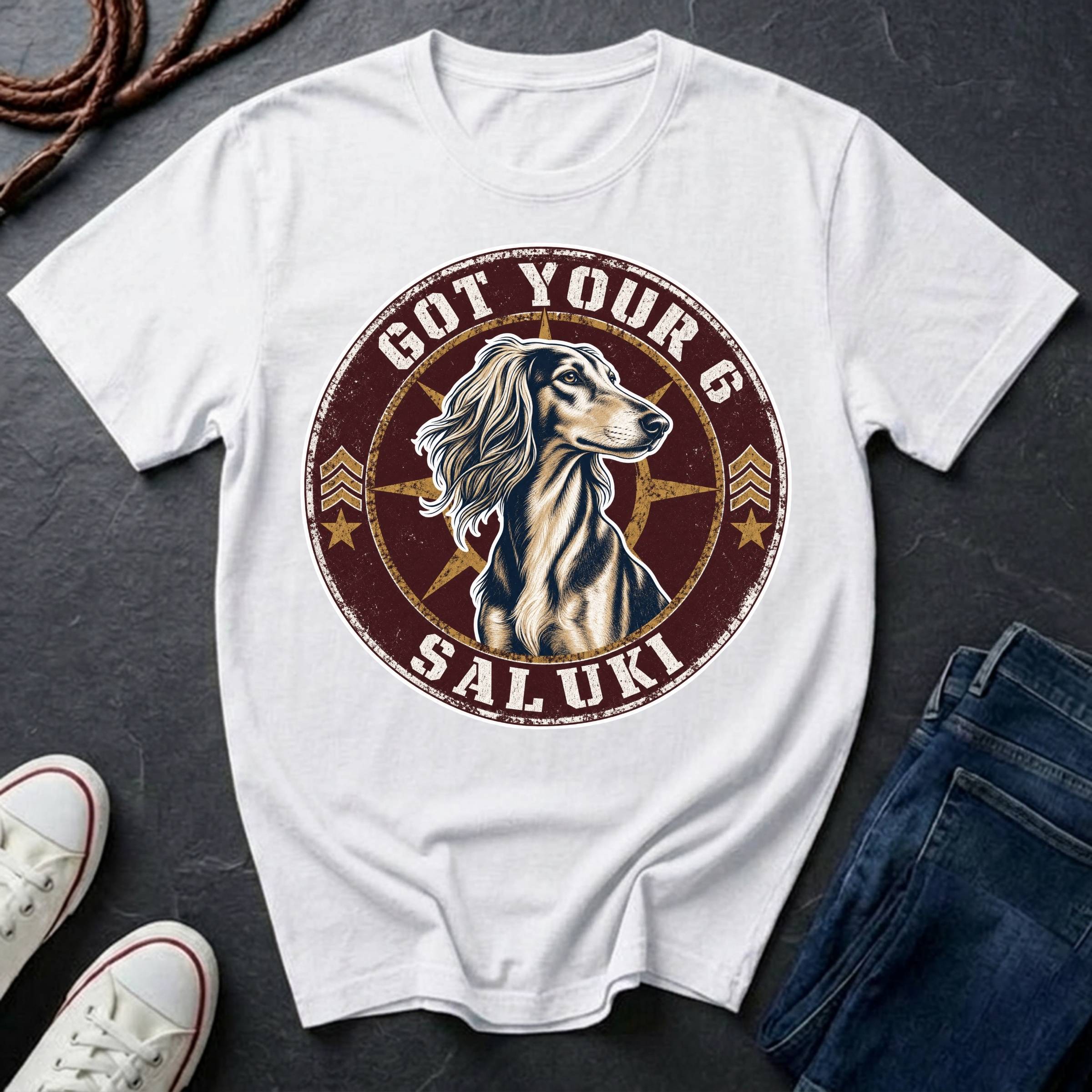 Saluki Got Your 6 t-shirt design featuring tactical badge with elegant sighthound bust on Comfort Colors tee