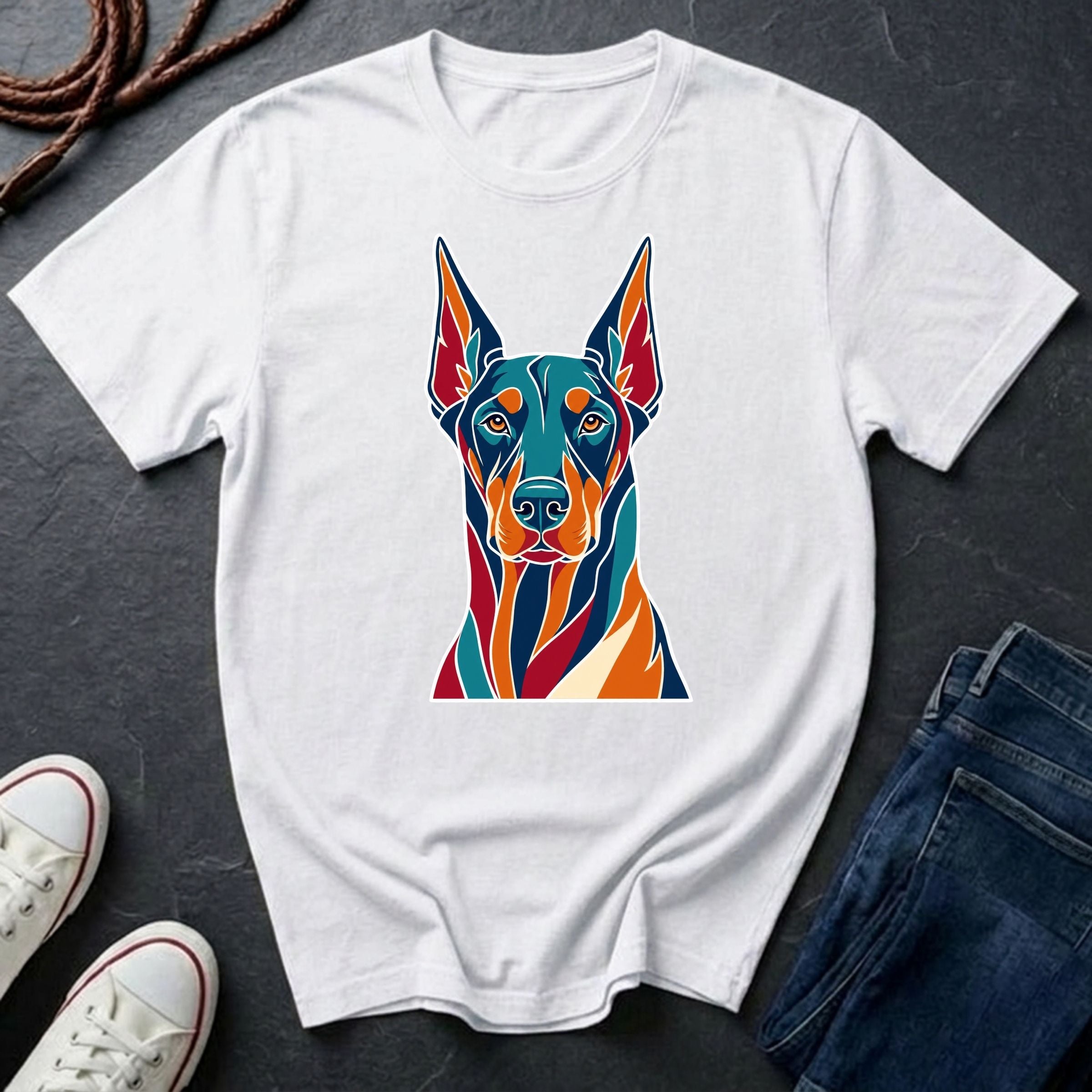 Doberman Pop Art t-shirt design featuring colorful graphic dog portrait on Comfort Colors tee