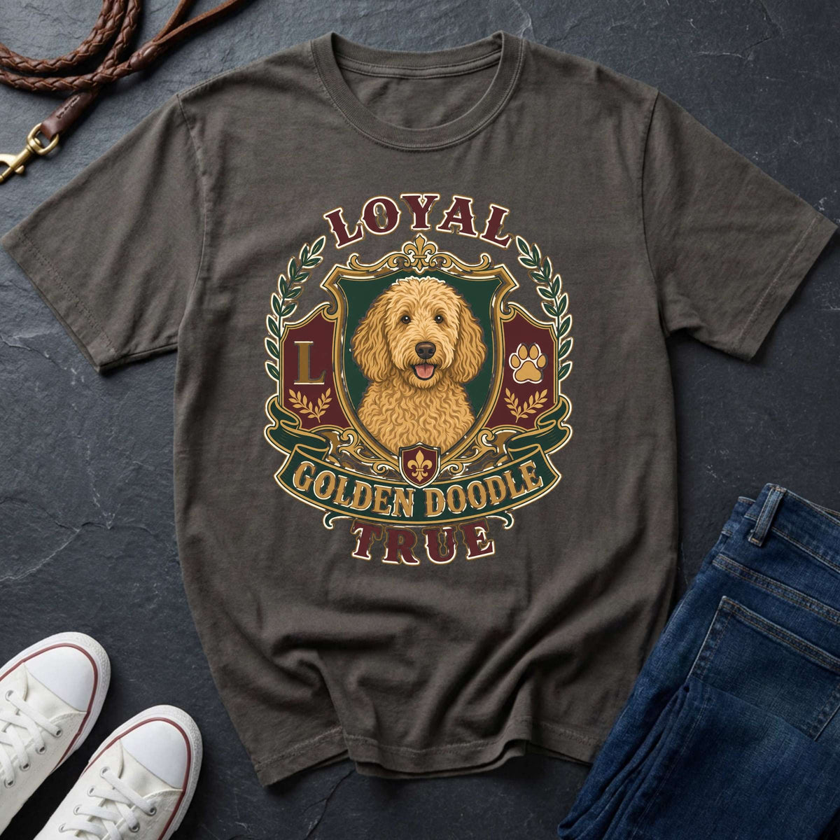 Goldendoodle Heritage Badge t-shirt design featuring a vintage crest portrait of a curly golden-coated Goldendoodle on a grey Comfort Colors tee