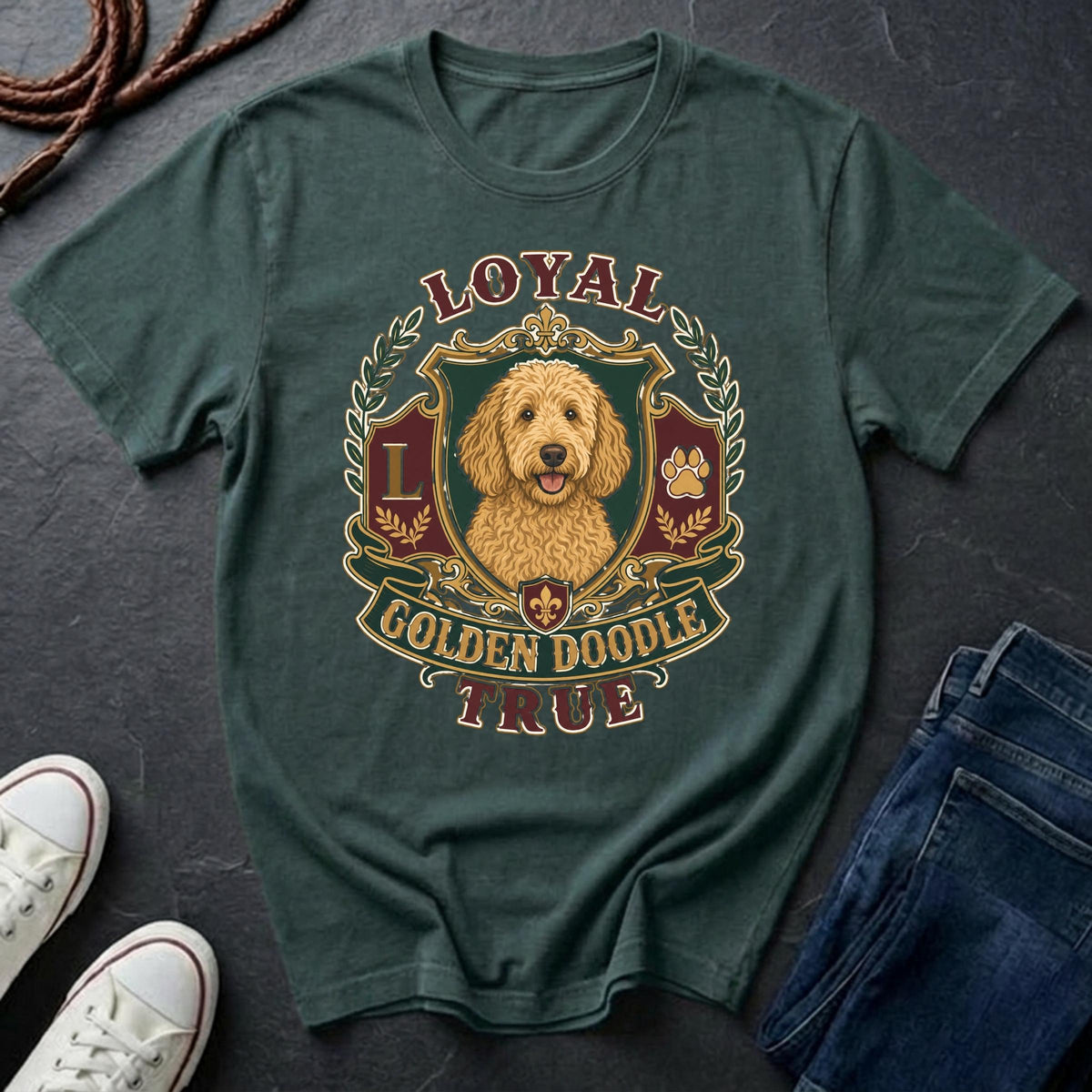 Goldendoodle Heritage Badge t-shirt design featuring a vintage crest portrait of a curly golden-coated Goldendoodle on a blue spruce Comfort Colors tee