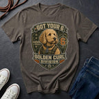 Goldendoodle "Got Your 6" t-shirt design featuring a tactical distressed badge portrait of a Goldendoodle on a grey Comfort Colors tee