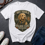 Goldendoodle "Got Your 6" t-shirt design featuring a tactical distressed badge portrait of a Goldendoodle on a white Comfort Colors tee