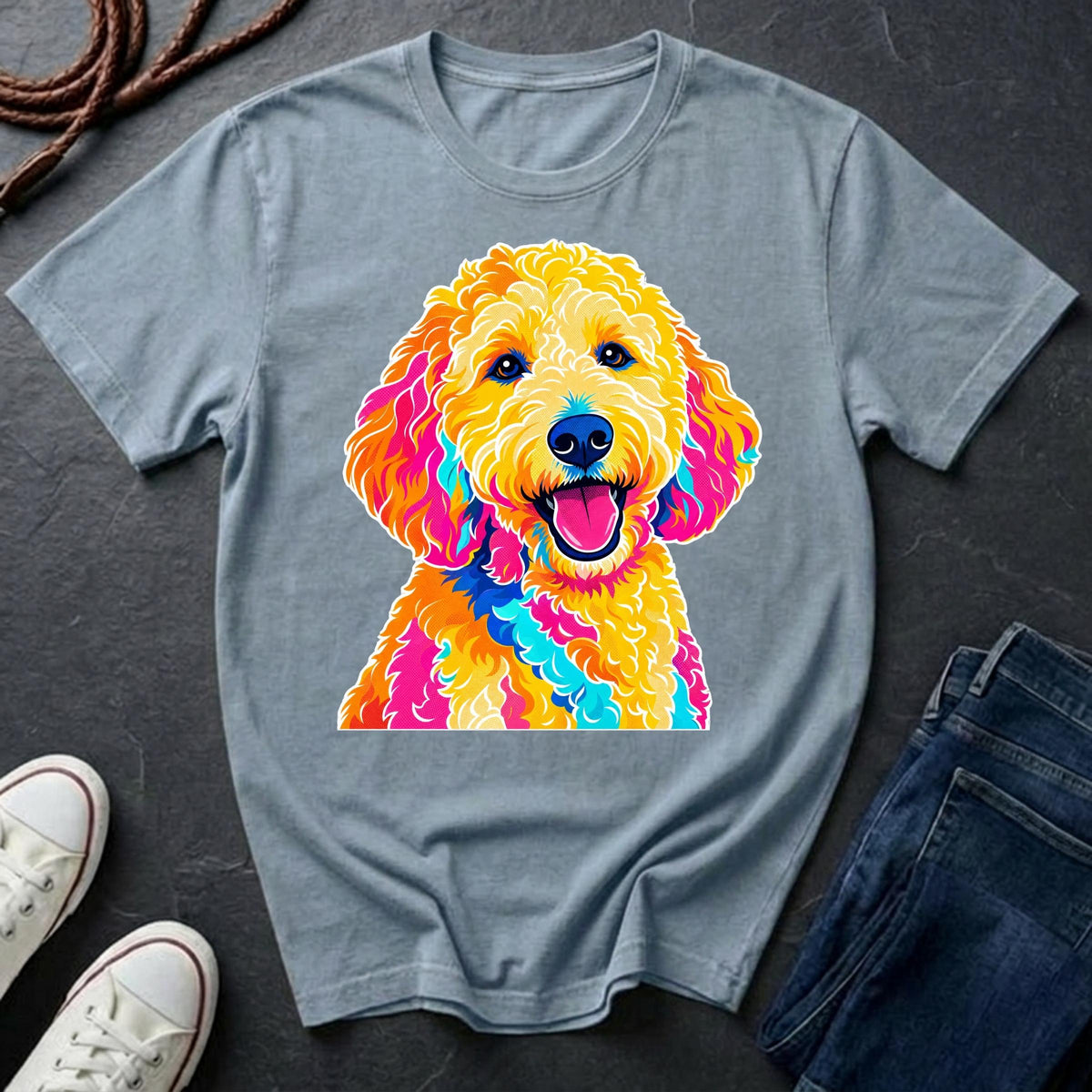Goldendoodle Heritage Badge t-shirt design featuring a vintage crest portrait of a curly cream Goldendoodle on a chambray Comfort Colors tee