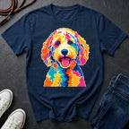 Labradoodle Graphic Pop Art t-shirt design featuring a vibrant color-block portrait of a Labradoodle on a navy Comfort Colors tee