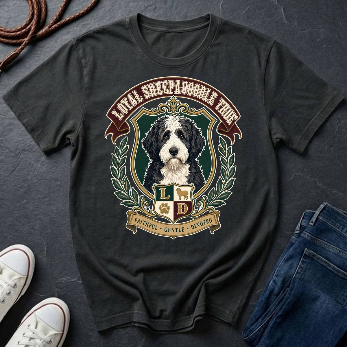 A black Comfort Colors graphic T-shirt featuring a large front print of a Sheepadoodle in a crest with the text 'LOYAL SHEEPADOODLE TRUE.'