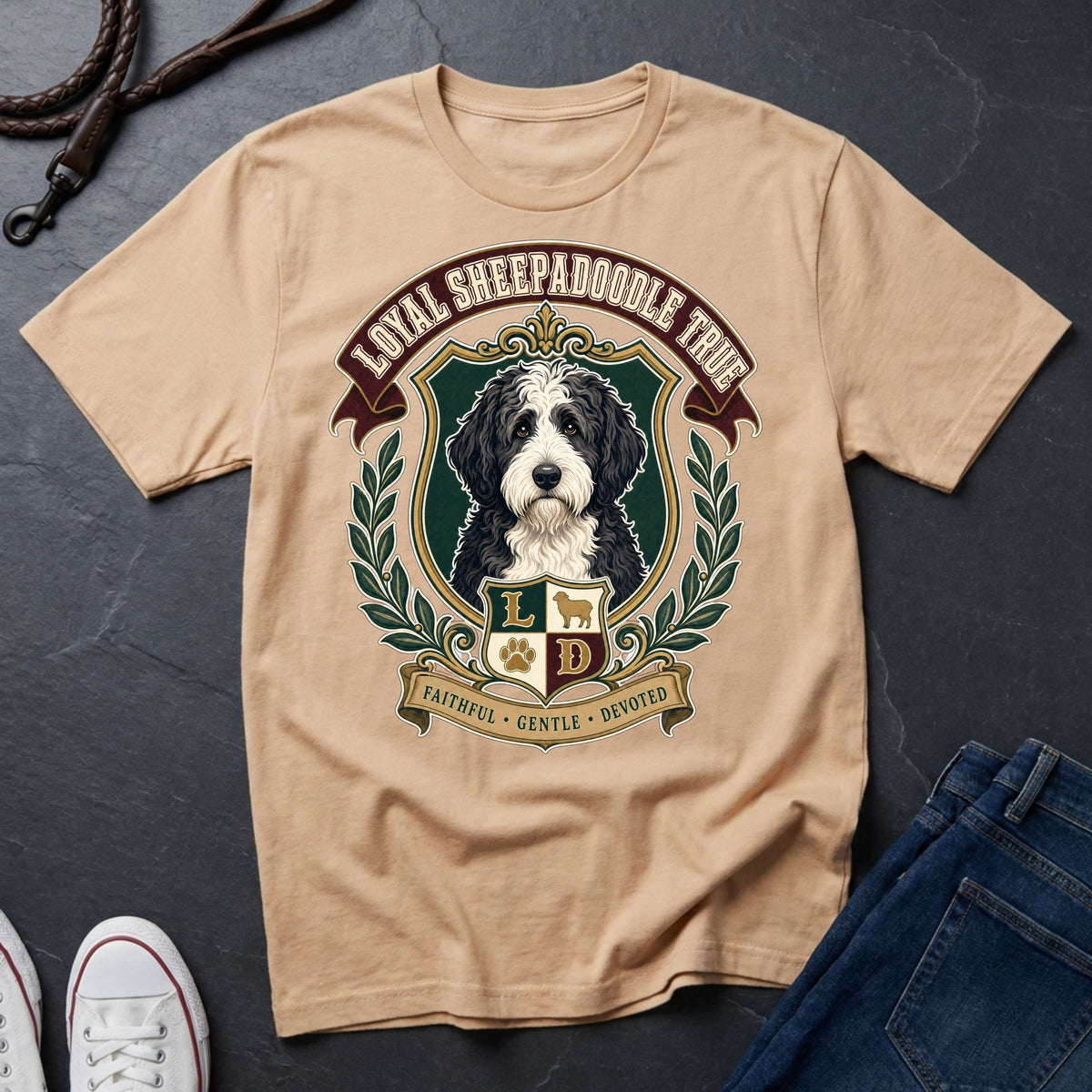 A ivory Comfort Colors graphic T-shirt featuring a large front print of a Sheepadoodle in a crest with the text 'LOYAL SHEEPADOODLE TRUE.'