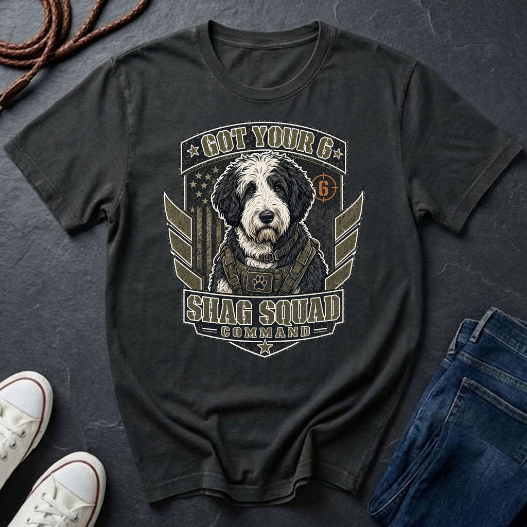 Sheepadoodle "Got Your 6" t-shirt design featuring a tactical distressed badge portrait of a Sheepadoodle on a black Comfort Colors tee