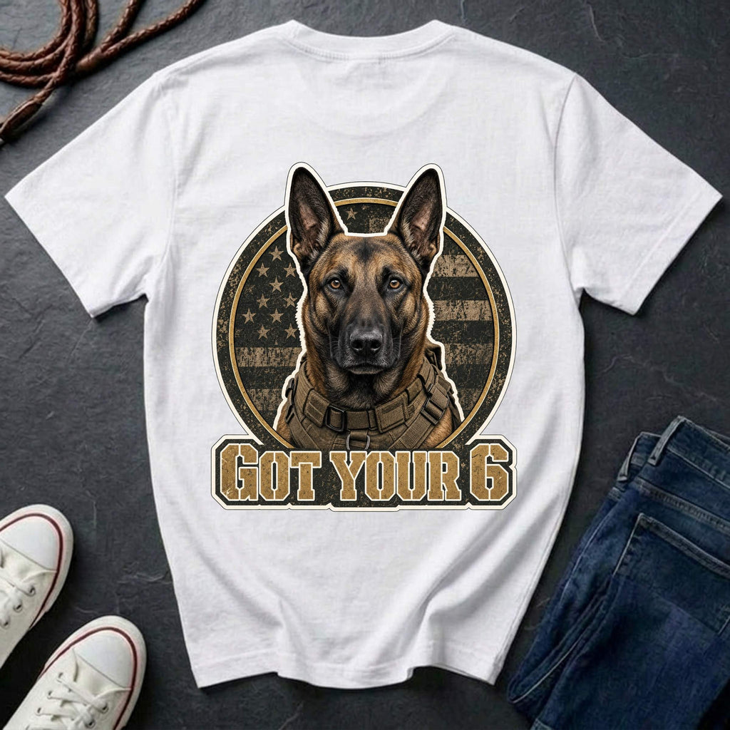 Belgian Malinois illustration inside a circular American flag design with the text 'GOT YOUR 6' below, on a white comfort color tee