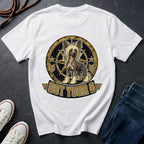 A white short-sleeve graphic T-shirt laid flat on a dark textured surface, styled with a pair of blue jeans, white sneakers, and a coiled rope. The shirt features a large circular graphic of a Chinese Crested dog inside a compass design with the text 'GOT YOUR 6' below.