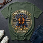 Rottweiler Got Your 6 t-shirt design featuring a tactical badge with Rottweiler portrait on a bay Comfort Colors tee
