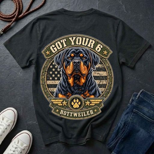 Rottweiler Got Your 6 t-shirt design featuring a tactical badge with Rottweiler portrait on a black Comfort Colors tee