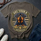 Rottweiler Got Your 6 t-shirt design featuring a tactical badge with Rottweiler portrait on a grey Comfort Colors tee