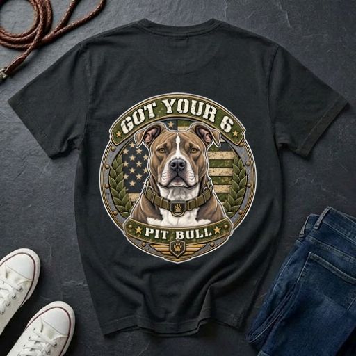  Pit Bull Got Your 6 t-shirt design featuring natural-eared dog portrait on tactical camo badge, Comfort Colors tee, back print