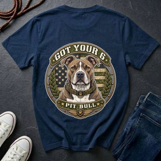  Pit Bull Got Your 6 t-shirt design featuring natural-eared dog portrait on tactical camo badge, Comfort Colors tee, back print