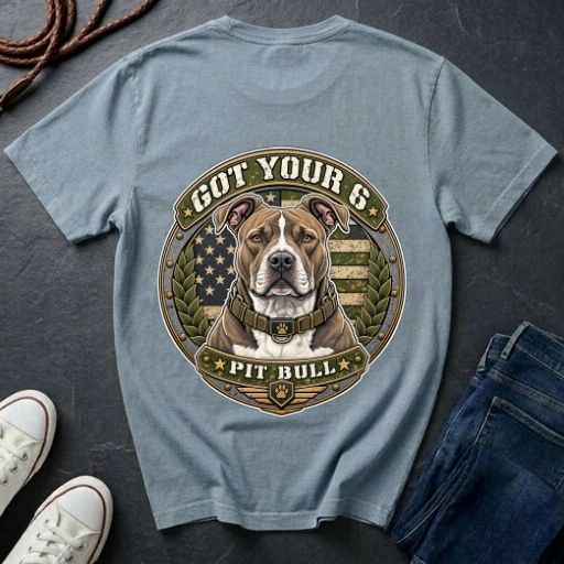  Pit Bull Got Your 6 t-shirt design featuring natural-eared dog portrait on tactical camo badge, Comfort Colors tee, back print