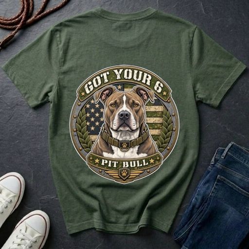  Pit Bull Got Your 6 t-shirt design featuring natural-eared dog portrait on tactical camo badge, Comfort Colors tee, back print