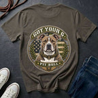  Pit Bull Got Your 6 t-shirt design featuring natural-eared dog portrait on tactical camo badge, Comfort Colors tee, back print