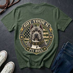 Pit Bull Got Your 6 t-shirt design featuring tactical camo badge with dog portrait and lightning bolt accents on Comfort Colors tee, back print