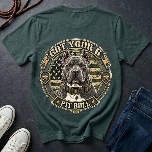 Pit Bull Got Your 6 t-shirt design featuring tactical camo badge with dog portrait and lightning bolt accents on Comfort Colors tee, back print