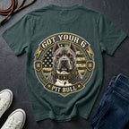 Pit Bull Got Your 6 t-shirt design featuring tactical camo badge with dog portrait and lightning bolt accents on Comfort Colors tee, back print
