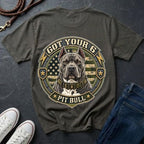 Pit Bull Got Your 6 t-shirt design featuring tactical camo badge with dog portrait and lightning bolt accents on Comfort Colors tee, back print