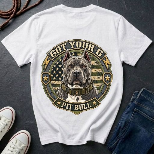 Pit Bull Got Your 6 t-shirt design featuring tactical camo badge with dog portrait and lightning bolt accents on Comfort Colors tee, back print