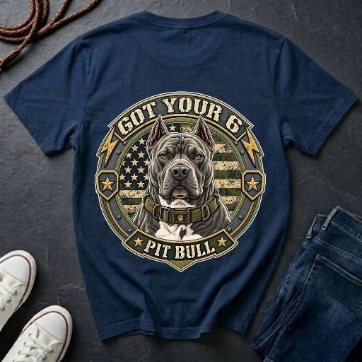 Pit Bull Got Your 6 t-shirt design featuring tactical camo badge with dog portrait and lightning bolt accents on Comfort Colors tee, back print