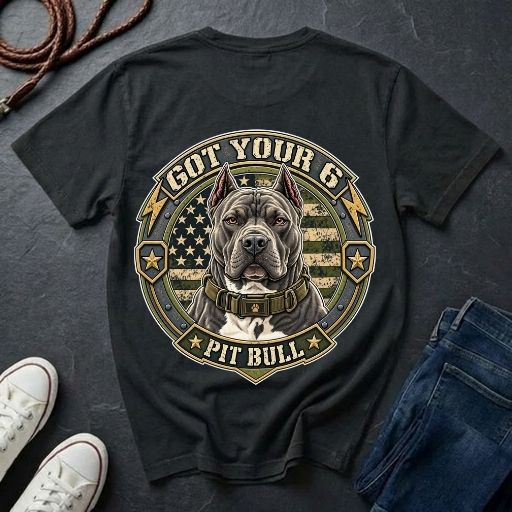 Pit Bull Got Your 6 t-shirt design featuring tactical camo badge with dog portrait and lightning bolt accents on Comfort Colors tee, back print