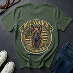  Dutch Shepherd Got Your 6 t-shirt design featuring tactical camo badge with brindle dog portrait on Comfort Colors tee, back print