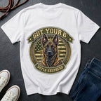  Dutch Shepherd Got Your 6 t-shirt design featuring tactical camo badge with brindle dog portrait on Comfort Colors tee, back print