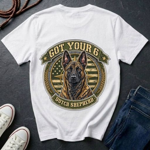  Dutch Shepherd Got Your 6 t-shirt design featuring tactical camo badge with brindle dog portrait on Comfort Colors tee, back print