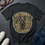  Dutch Shepherd Got Your 6 t-shirt design featuring tactical camo badge with brindle dog portrait on Comfort Colors tee, back print
