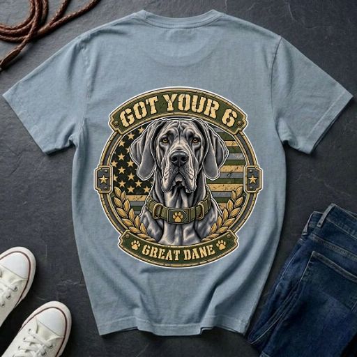Great Dane Got Your 6 t-shirt design featuring tactical camo badge with dog portrait and collar detail on Comfort Colors tee, back print