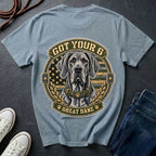 Great Dane Got Your 6 t-shirt design featuring tactical camo badge with dog portrait and collar detail on Comfort Colors tee, back print