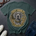 Great Dane Got Your 6 t-shirt design featuring tactical camo badge with dog portrait and collar detail on Comfort Colors tee, back print