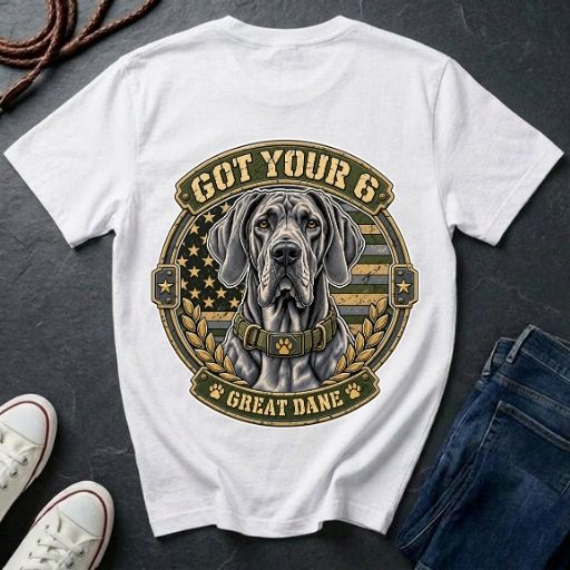 Great Dane Got Your 6 t-shirt design featuring tactical camo badge with dog portrait and collar detail on Comfort Colors tee, back print