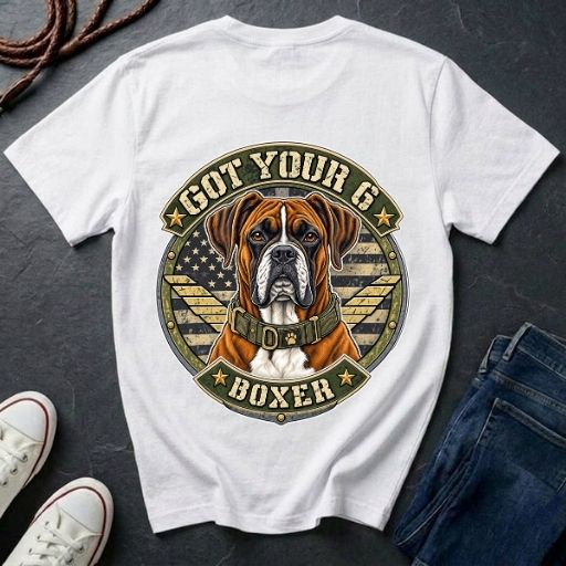 Boxer Got Your 6 t-shirt design featuring tactical camo badge with dog in military-style collar on Comfort Colors tee, back print