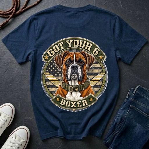 Boxer Got Your 6 t-shirt design featuring tactical camo badge with dog in military-style collar on Comfort Colors tee, back print
