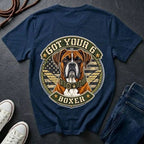 Boxer Got Your 6 t-shirt design featuring tactical camo badge with dog in military-style collar on Comfort Colors tee, back print