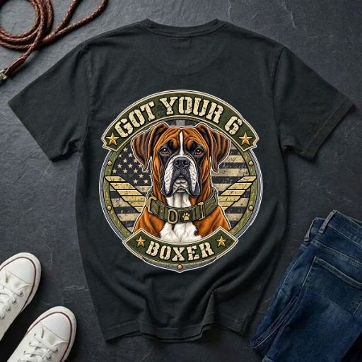 Boxer Got Your 6 t-shirt design featuring tactical camo badge with dog in military-style collar on Comfort Colors tee, back print