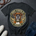 Boxer Got Your 6 t-shirt design featuring tactical camo badge with dog in military-style collar on Comfort Colors tee, back print