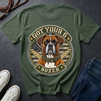 Boxer Got Your 6 t-shirt design featuring tactical camo badge with dog in military-style collar on Comfort Colors tee, back print