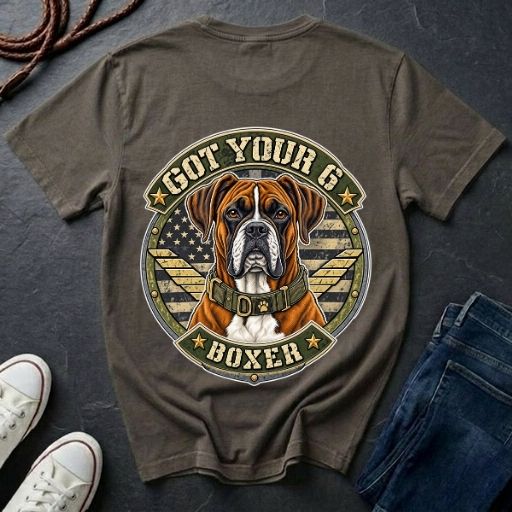 Boxer Got Your 6 t-shirt design featuring tactical camo badge with dog in military-style collar on Comfort Colors tee, back print