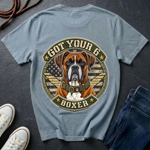 Boxer Got Your 6 t-shirt design featuring tactical camo badge with dog in military-style collar on Comfort Colors tee, back print